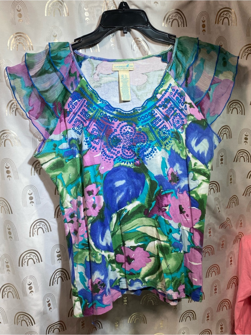 Caribbean Joe Floral Sequin Scoop Neck Top - Blue, Green & Pink